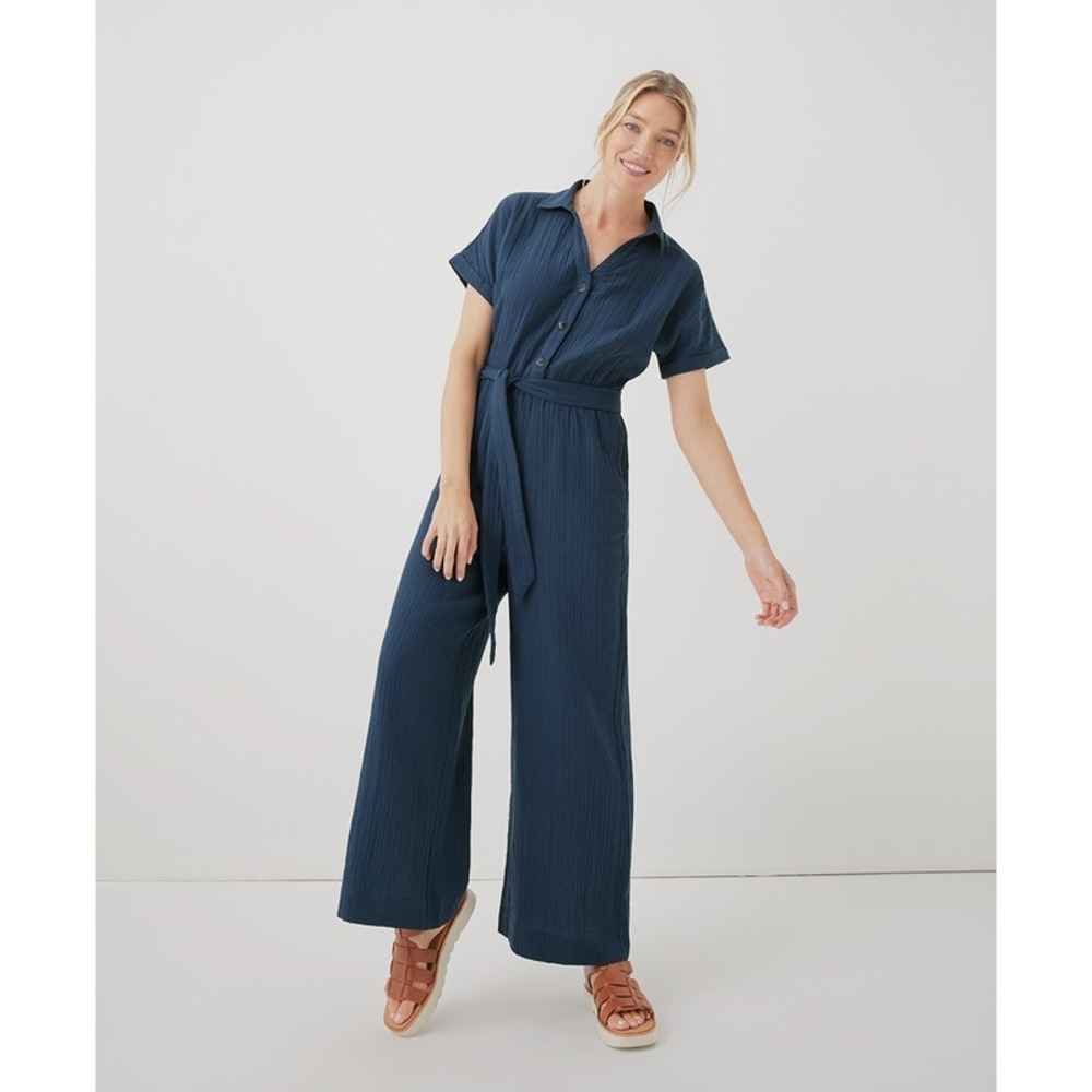 Pact Coastal Double Gauze Jumpsuit French Navy Organic Cotton Blue Medium